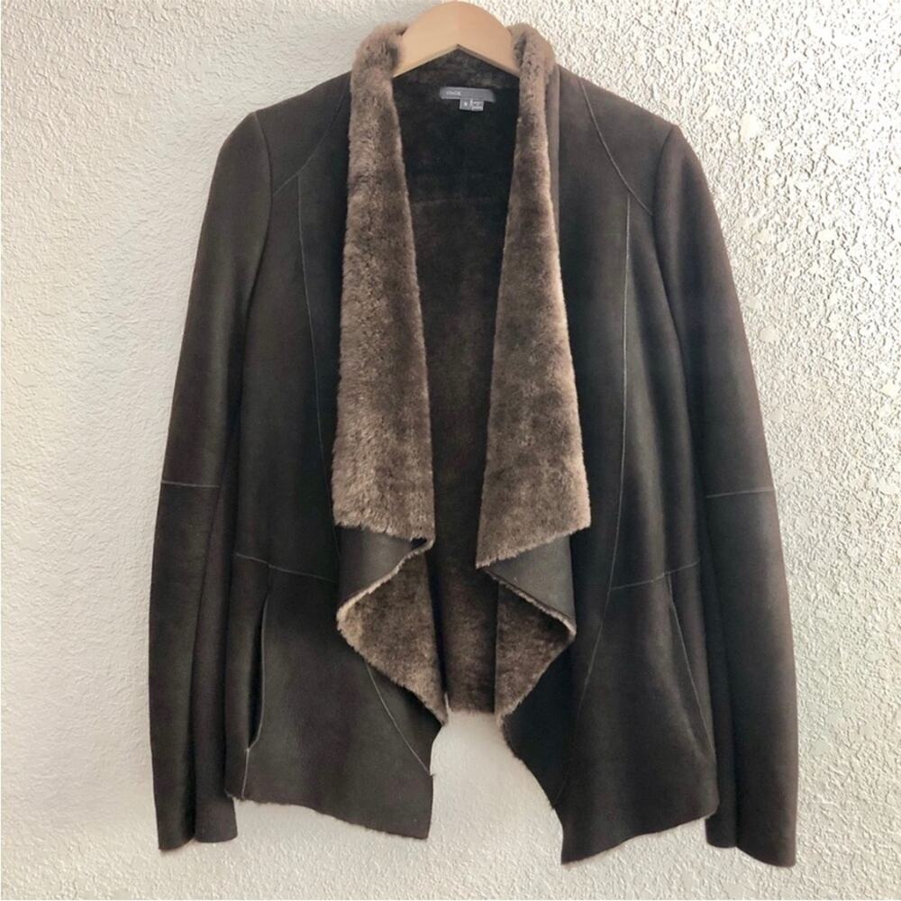 Vince 100% Genuine Shearling Lamb Leather Cascade Jacket Coat Waterfall